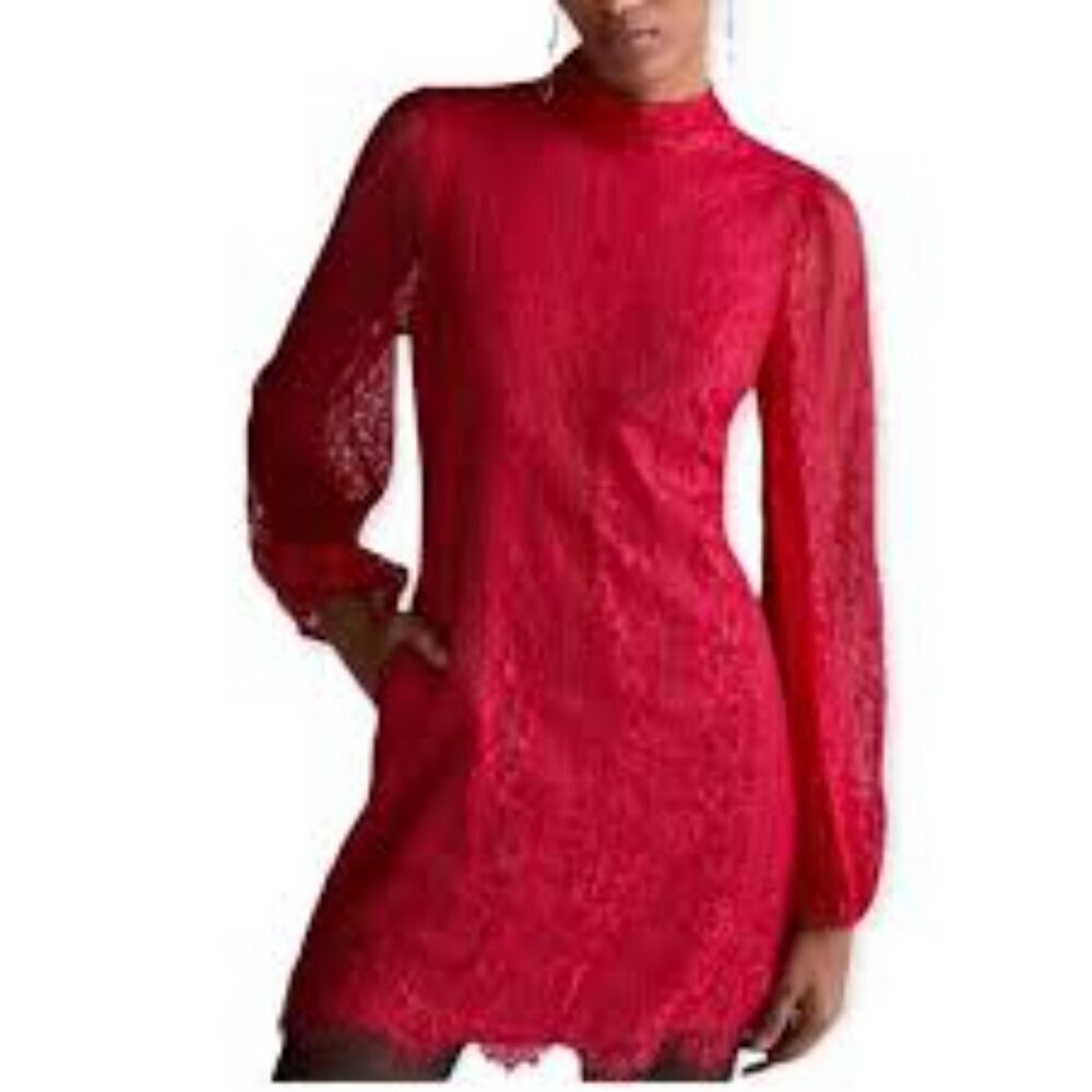ANTHROPOLOGIE MAEVE OPEN BACK RED LACE MINI WOMEN LONG SLEEVE DRESS SIZE US 6